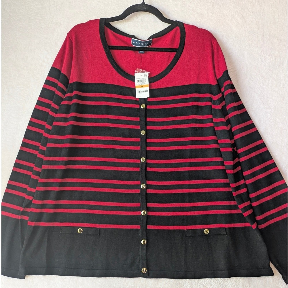 Karen Scott Cardigan Women 3X Red Black New NWT Striped Button Front Plus Size